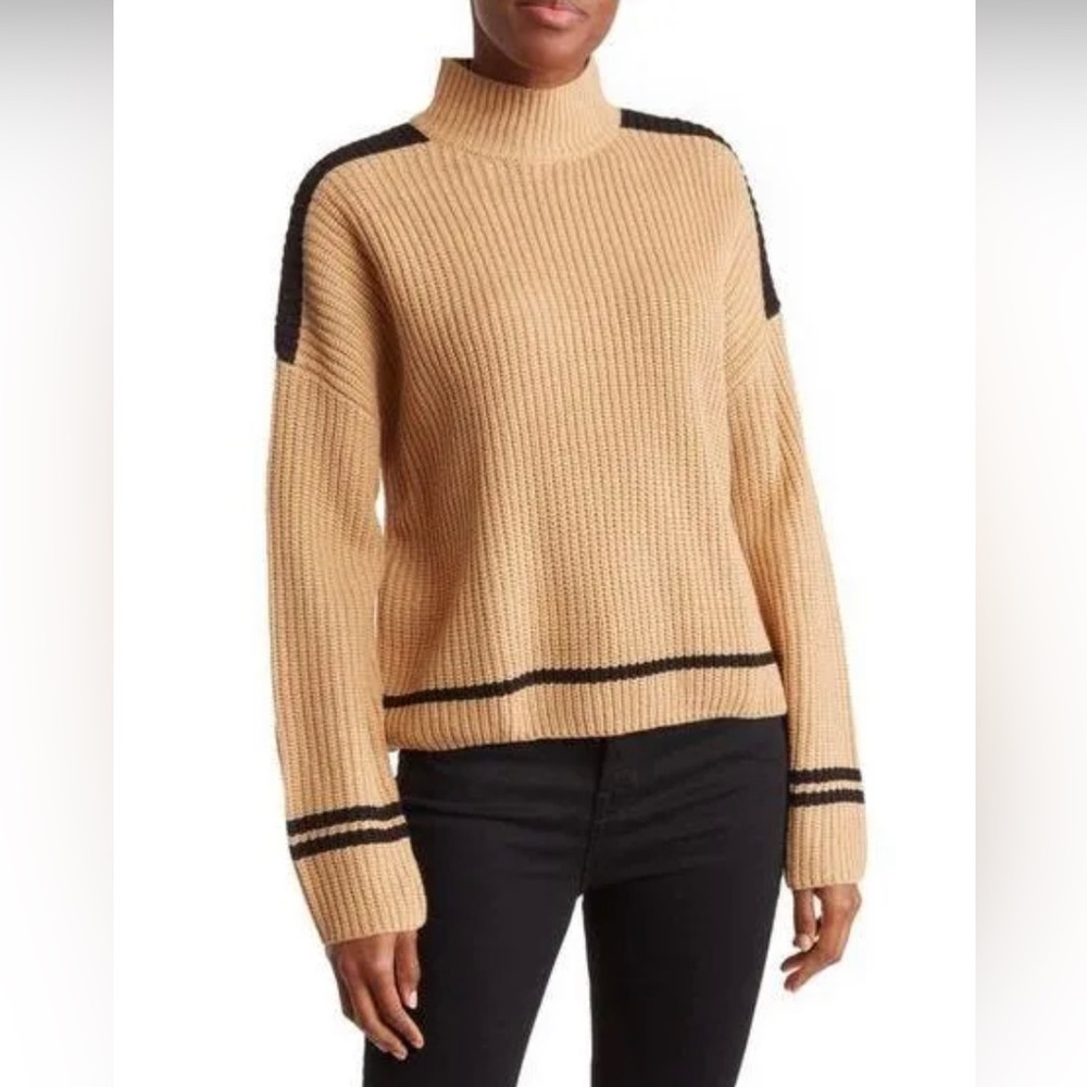 Sanctuary Women's S Feeling Sporty Mock Turtleneck Sweater Chunky Knit Tan